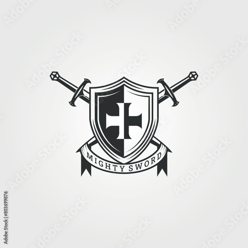 historical shield and swords logo, mighty swords vector vintage illustration design © rozva barokah