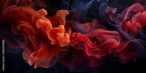 Red and dark blue smoke on a black background, in creative abstraction style