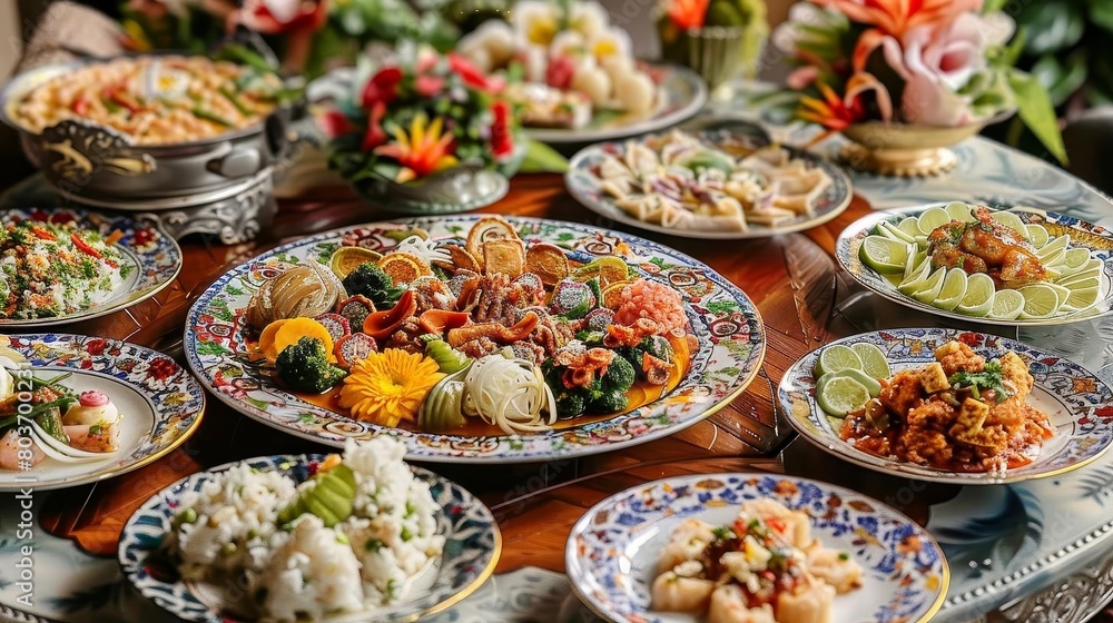 a table adorned with a variety of plates of food, including a white plate, a blue and white plate, a table adorned with a variety of plates of food, including a white plate, a blue and white plate,