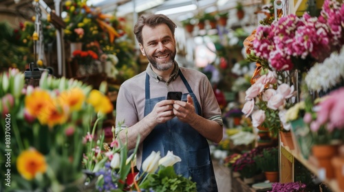 A Happy Caucasian independent small businessman while multitasking. He stood confidently on his apron amidst a small flower center. Talk easily on the phone and write down order details.