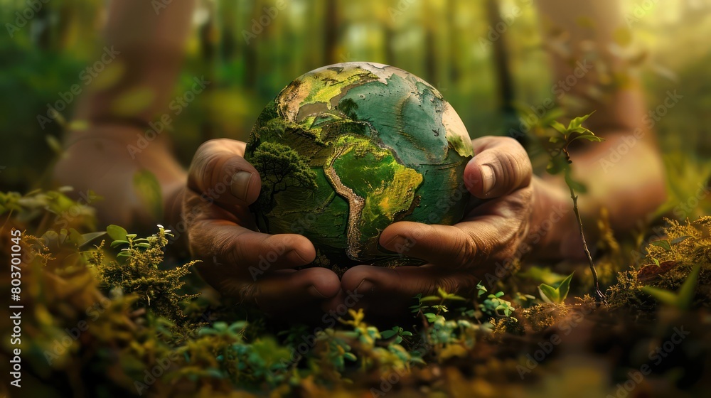 An Environmental protection with hands covering the earth decorated with greenery. Contrasting with the tropical summer landscape Symbol of the importance of ecological conservation An Environmental protection with hands covering the earth decorated with greenery. Contrasting with the tropical summer landscape Symbol of the importance of ecological conservation