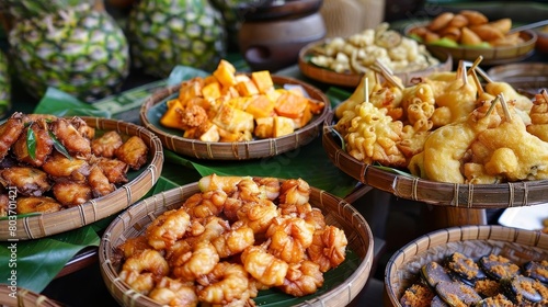 a colorful assortment of food items, including a green pineapple, are arranged in wicker baskets an