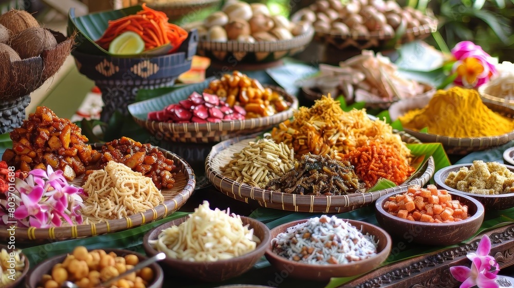 a table adorned with a variety of baskets filled with various foods, including a brown basket, a wi