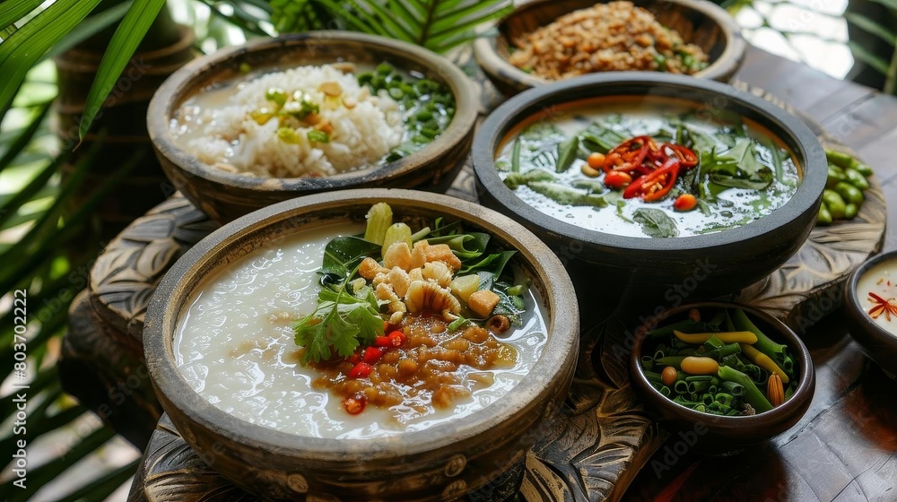 a collection of bowls filled with various foods, including white rice, arranged in a row from left a collection of bowls filled with various foods, including white rice, arranged in a row from left
