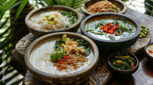 a collection of bowls filled with various foods, including white rice, arranged in a row from left