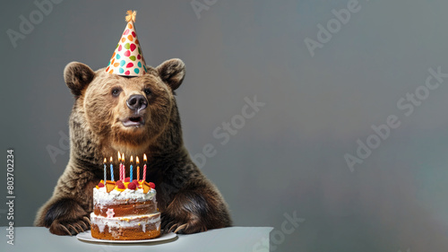 A bear wearing a birthday hat in front of a birthday cake isolated on gray background
