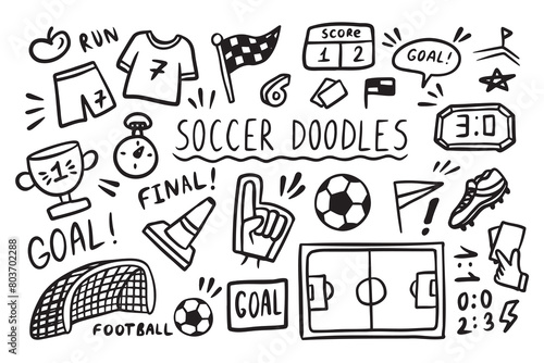 Soccer doodle elements set. Football sport ball, winner cup. Hand drawn sketch style.