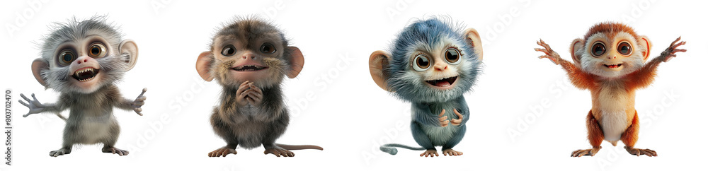 Set of 3D cute happy cartoon Marmoset isolated on white background, png Set of 3D cute happy cartoon Marmoset isolated on white background, png