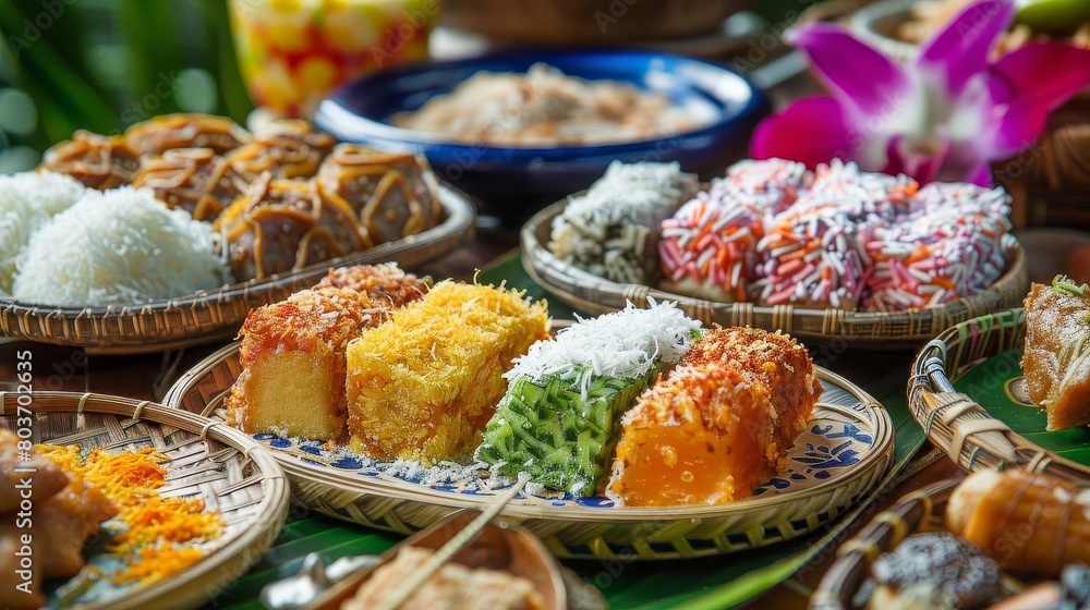 a table adorned with a variety of food items, including a cake, a blue bowl, and a brown basket, ac a table adorned with a variety of food items, including a cake, a blue bowl, and a brown basket, ac