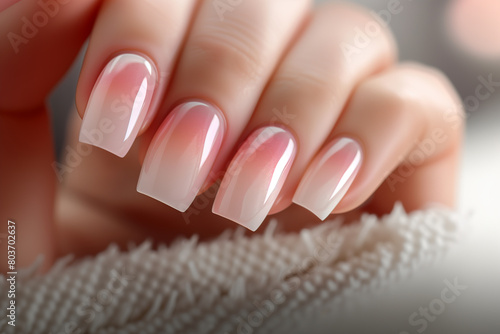 Delicate French manicure with pale pink sheer polish on square nails.