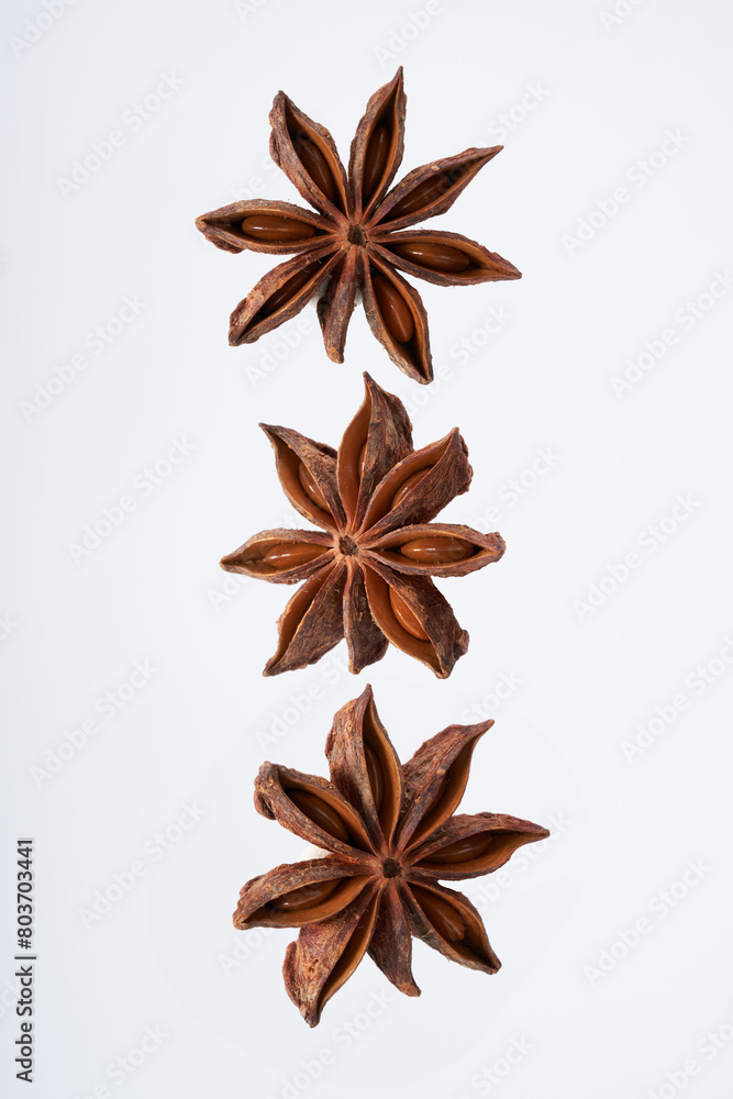 Star anise spice creative atmosphere on white background Star anise spice creative atmosphere on white background