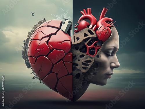 Design an AI image of a person whose heart takes over his mind and express how emotions beat the mind