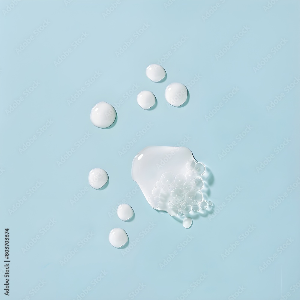 A group of white water droplets on a light blue surface with a pattern of small polka dots at the bottom of the droplets. Generating AI A group of white water droplets on a light blue surface with a pattern of small polka dots at the bottom of the droplets. Generating AI