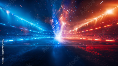 Luxury of Football stadium 3d rendering with red and blue light isolation background, Illustration