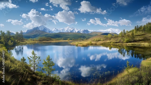 Tranquil mountain lake reflecting a serene cloudless sky