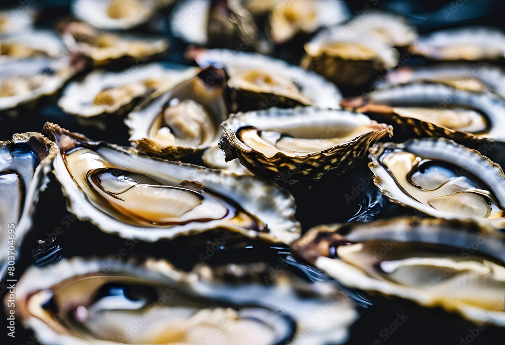 Close-up of fresh oysters on ice, highlighting their open shells and glistening texture. National Oyster Day. Close-up of fresh oysters on ice, highlighting their open shells and glistening texture. National Oyster Day.