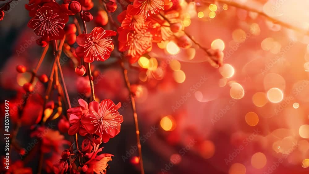 Close-up of vibrant red flowers with sparkling bokeh background in warm tones Close-up of vibrant red flowers with sparkling bokeh background in warm tones
