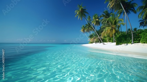 Tranquil tropical paradise with crystal clear waters and lush palms