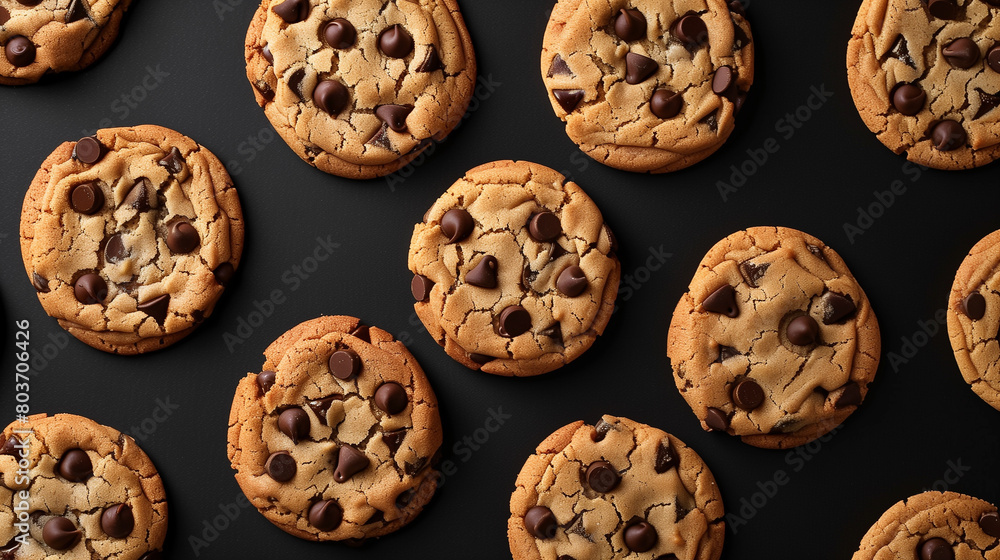 Top view of chocolate chip cookies neatly arranged on a black background, Concept of culinary art and delicious snacks. Top view of chocolate chip cookies neatly arranged on a black background, Concept of culinary art and delicious snacks.