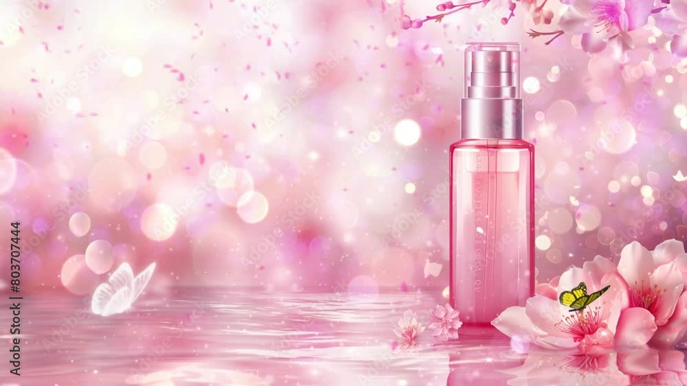 a beautiful templates for cosmetic ads realistic. pink cosmetic bottle with pink decoration. seamless looping overlay 4k virtual video animation background a beautiful templates for cosmetic ads realistic. pink cosmetic bottle with pink decoration. seamless looping overlay 4k virtual video animation background