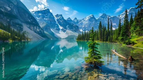 A serene mountain lake with crystal-clear waters and towering peaks