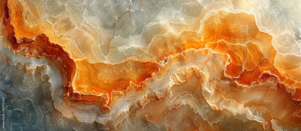 Close-up view of a beautiful marble slab featuring vibrant orange and white hues, enhancing its elegant and luxurious appearance Close-up view of a beautiful marble slab featuring vibrant orange and white hues, enhancing its elegant and luxurious appearance