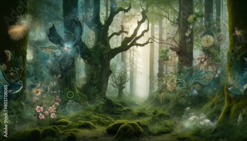 Scene of mystic forest encounter, merging ancient trees with ethereal wildlife photo