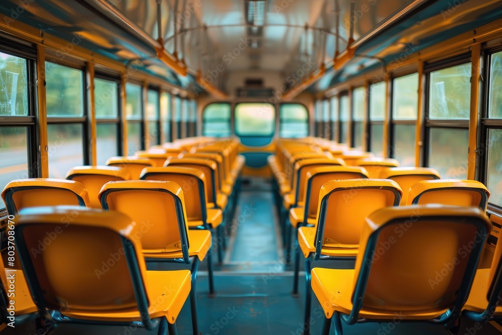 Fototapeta premium A clean and spacious interior of a school bus with empty yellow seats, ready to welcome students.