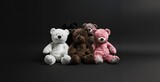 Studio Shot of a Group of Five Fluffy Teddy Bears in Various Colors Against a Black Background
