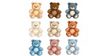 Set of cute cartoon teddy bears in various pastel colors, isolated on white background
