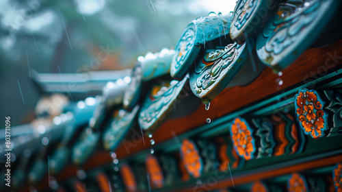 the eaves of a hanok on a rainy day photo