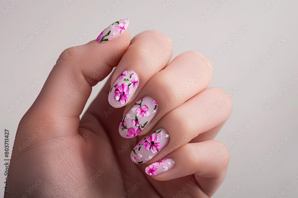 Woman's hands with floral nail art design