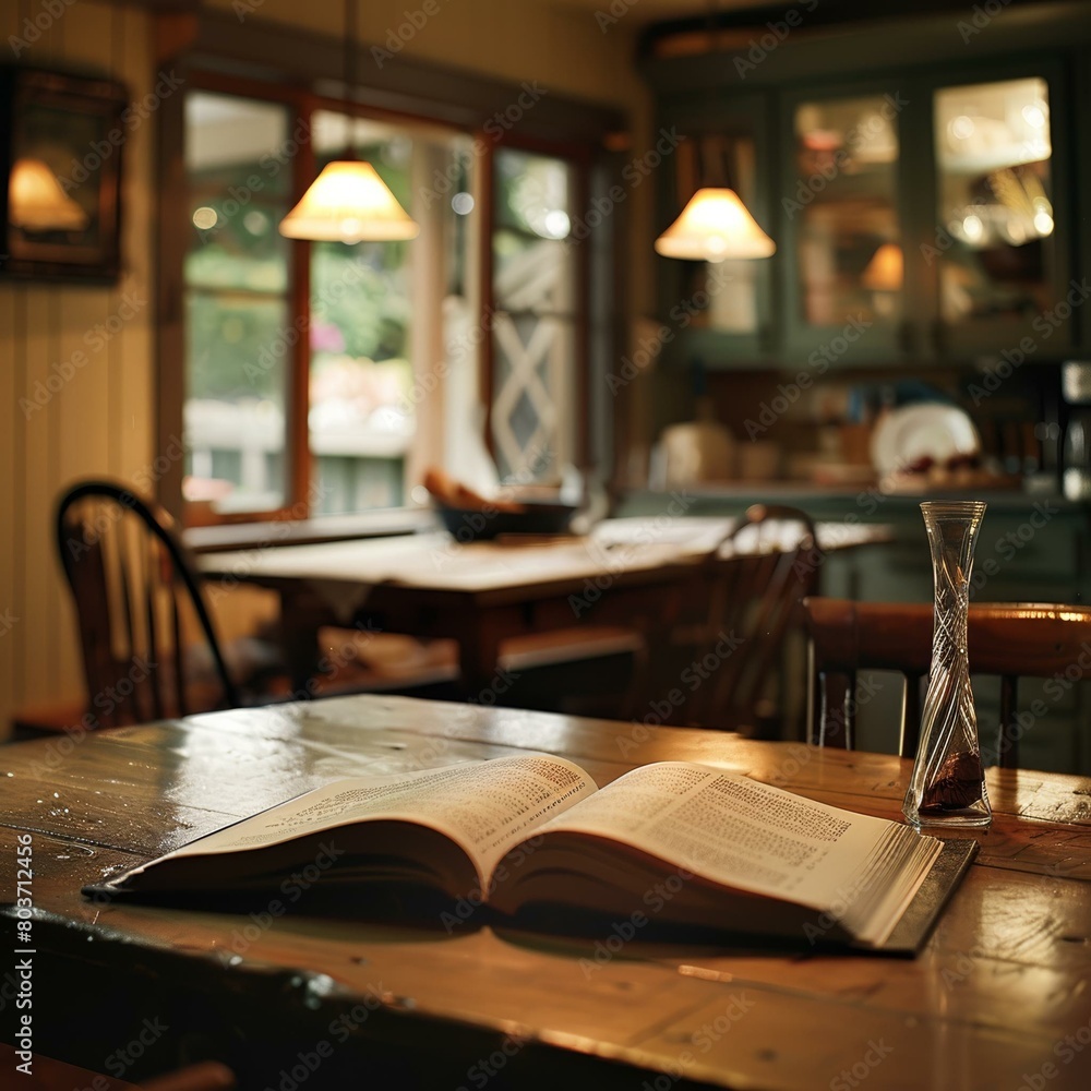 A book of recipes on a kitchen table in a cozy house, fork ready for tasting, home cooking vibe A book of recipes on a kitchen table in a cozy house, fork ready for tasting, home cooking vibe