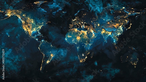 A night view from space illustration  showcasing the world lit up  emphasizing the interconnectedness of cities across continents