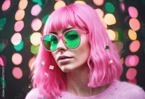 'pink space green glasses Portrait wig confetti beautiful woman copy party birthday carnival colourful fun funny face crazy people celebration background goggles colours c' © akkash jpg