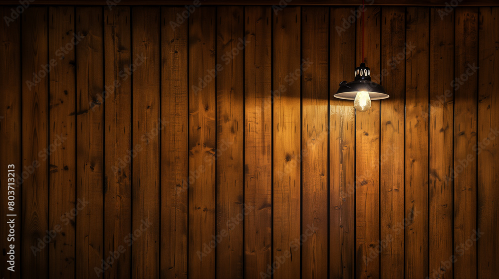 A wooden wall with a light hanging from the ceiling. The light is shining on the wall, creating a warm and inviting atmosphere A wooden wall with a light hanging from the ceiling. The light is shining on the wall, creating a warm and inviting atmosphere