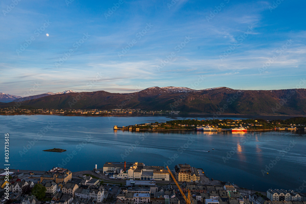 Fototapeta premium top view of Alesund during a sunset in a sunny evening, Norway