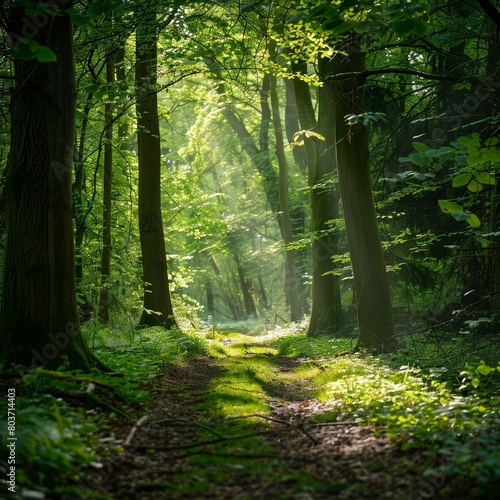 Lush green forest pathway, sunlight filtering through leaves, peaceful and inviting