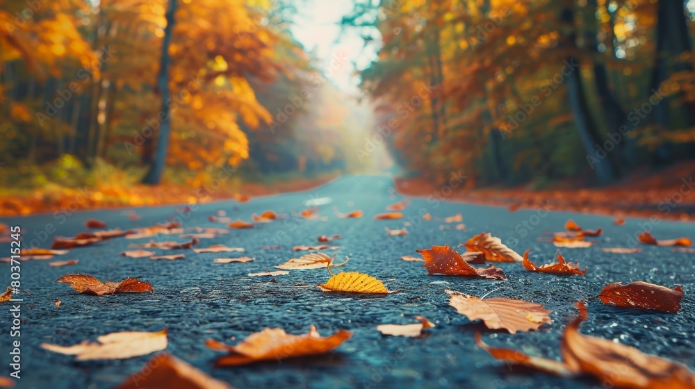 Vibrant autumn leaves on a scenic road, picturesque and ideal for travel promotions Vibrant autumn leaves on a scenic road, picturesque and ideal for travel promotions