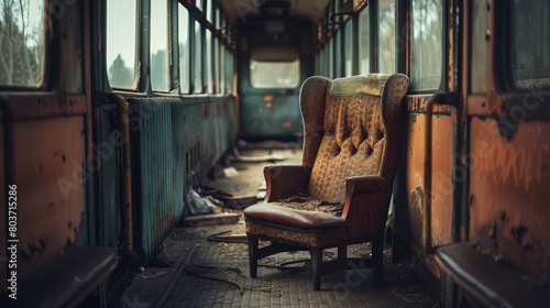 Vintage train carriage  a lone chair with a knife on the seat  mystery and travel