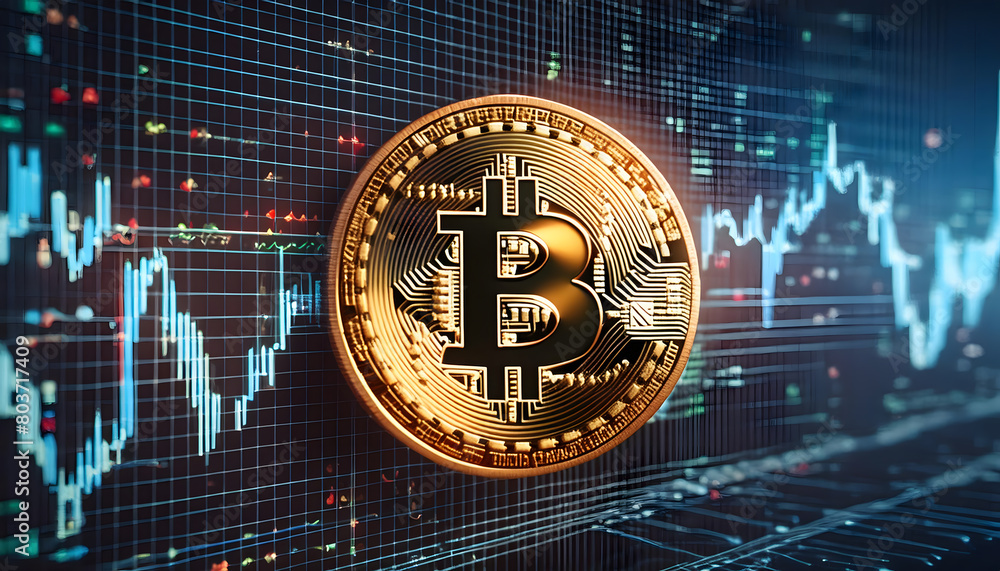 Bitcoin symbol with trading charts in the background Bitcoin symbol with trading charts in the background
