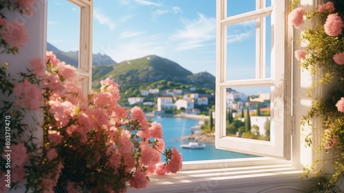  Scenic View of Coastline from Open Window of Luxury Villa. 