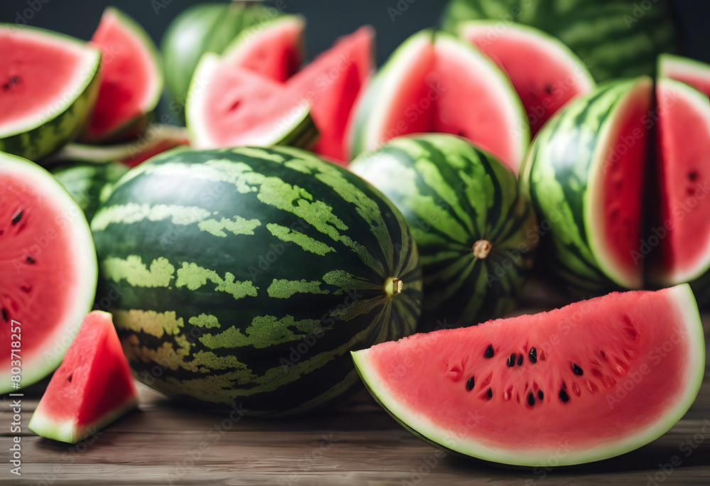 A collection of whole and sliced watermelons on a dark background, showcasing fresh and juicy slices with seeds. National Watermelon Day. A collection of whole and sliced watermelons on a dark background, showcasing fresh and juicy slices with seeds. National Watermelon Day.