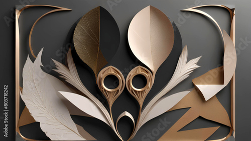Closeup of abstract background with gold and black leaves, 3d illustration. Created with generative AI