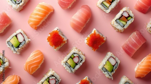 Delicious and Colorful Arrangement of Individual Sushi Ingredients Floating on a Plain Pink Background