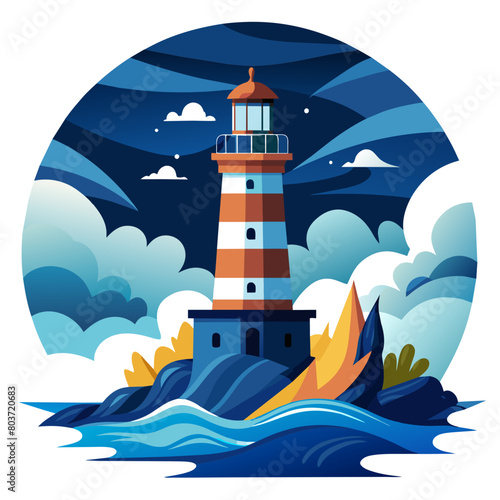 Show a majestic lighthouse standing tall amidst crashing waves, guiding ships safely through the night with its beacon of light