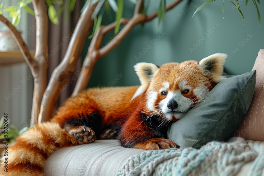 A peaceful red panda resting on a red pillow in a bright window nook surrounded by autumn foliage. A peaceful red panda resting on a red pillow in a bright window nook surrounded by autumn foliage.