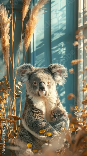 Empty white frame mockup on the wall, minimalistic thin frame, a Koala gazing out of a frosty window