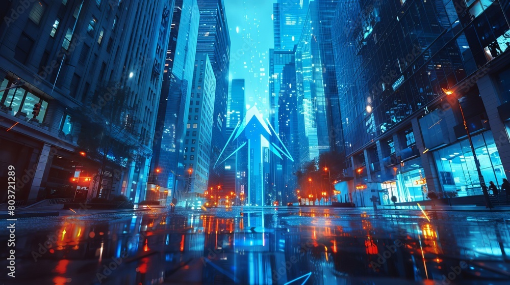 Fototapeta premium Blue Arrows Upward Pointing on Buildings, Concept of Business Grow