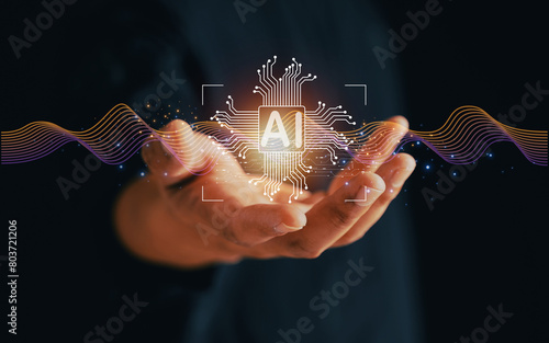 AI (Artificial Intelligence) AI management and technology support in the business plans of successful marketing clients. AI management concept, innovative data analysis, business people and investors.